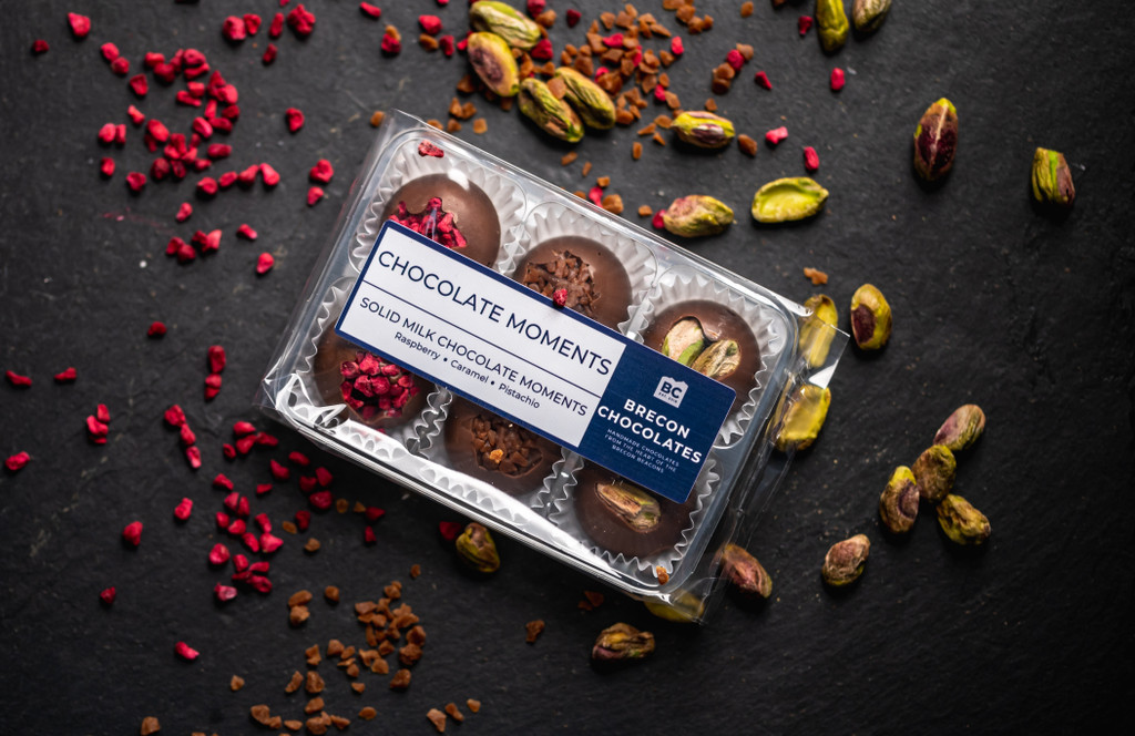 Milk Chocolate Moments. Pistachio, Toffee and Raspberry Crumb