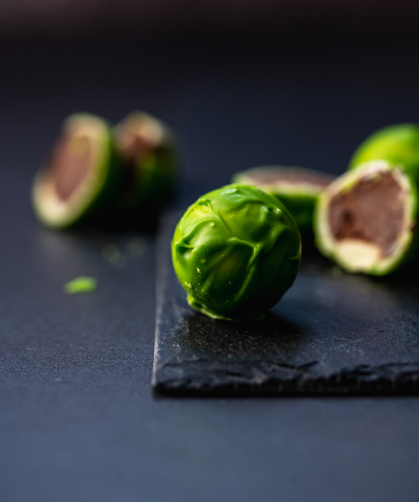 6 Brussels Sprouts. Milk Chocolate ganache rolled in white chocolate.