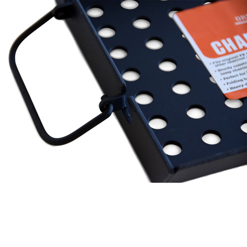 PK Grills The PK Heavy Duty Charcoal Basket, black metal container with circular holes and a handle for holding charcoal during grilling.