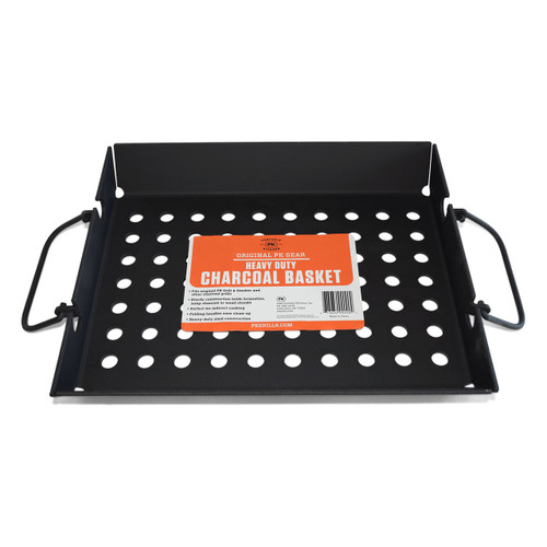 PK Grills The PK Heavy Duty Charcoal Basket, black metal grilling accessory with perforated surface and handles for charcoal management.