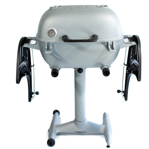 PK360 Grill & Smoker, a white portable grill with adjustable side panels and a built-in thermometer, ideal for smoking and grilling, featured in a special offer from AmazingRibs.com.