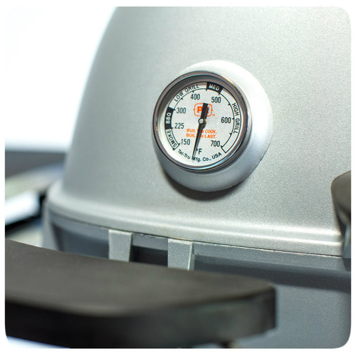 The PK360 Grill & Smoker, close-up of the temperature gauge on the grill.