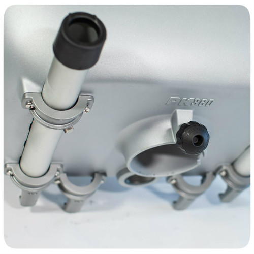 The PK360 Grill & Smoker AmazingRibs.com Special Offer, close-up of the grill's underside showing the vent holes and black knob for temperature control.