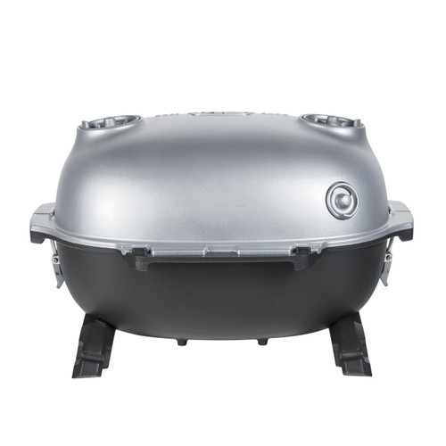 PK Grills PKGO w/ FlipKit, portable charcoal grill with a sleek silver lid and black base, perfect for outdoor cooking and grilling.