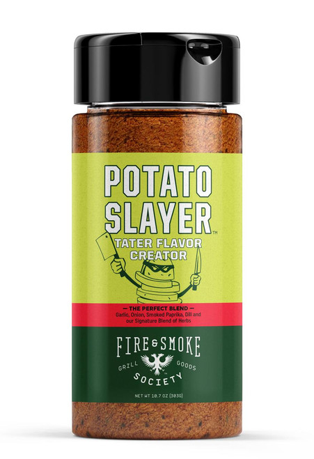 Fire & Smoke Society F&S | Potato Slayer Tater Seasoning 10.0 oz, bottle of spicy seasoning blend for potatoes with a green label and black lid, featuring the brand's logo and product description.