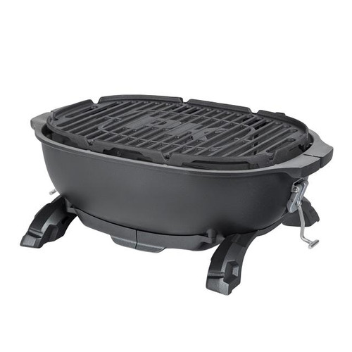 PK Grills PKGO Hibachi, portable compact tabletop charcoal grill with a black finish and grilling grate.