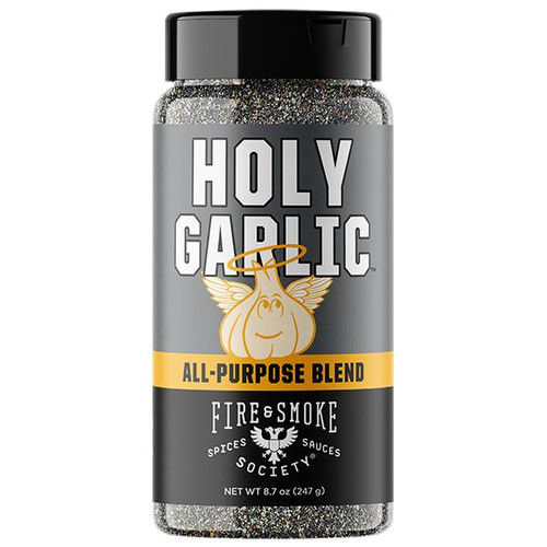 Fire & Smoke Society F&S Holy Garlic Garlic Lover's Blend 8.2 oz jar of all-purpose seasoning with a black lid and a gray label featuring a garlic cartoon angel, emphasizing its spicy and smoky flavor profile.