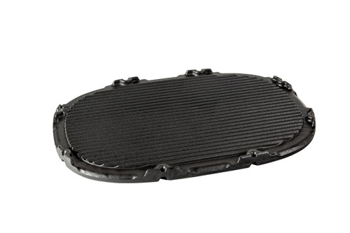 PK Grills Griddle for The PKGO, a black, oval-shaped cast iron cooking griddle with ridged surface for grilling and searing.