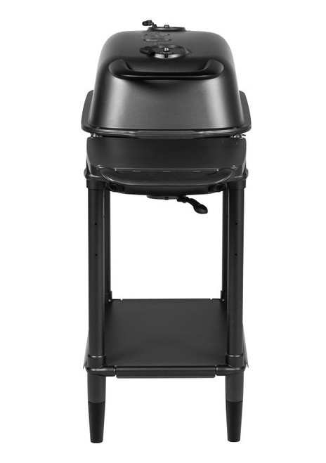 PK Grills PK300 QR Landing Page, portable charcoal grill with a sleek black design on a stand with lower storage shelf.
