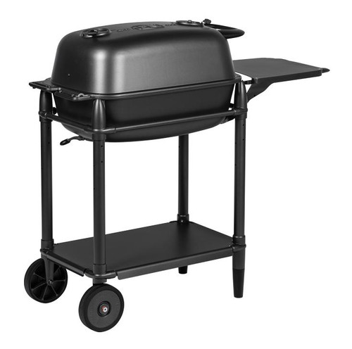 PK Grills PK300 QR Landing Page, black portable outdoor grill with cart, side shelf, and wheels for easy mobility.