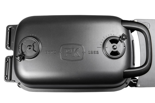 PK Grills PK300 QR Landing Page, top view of the portable grill lid with control dials and branding