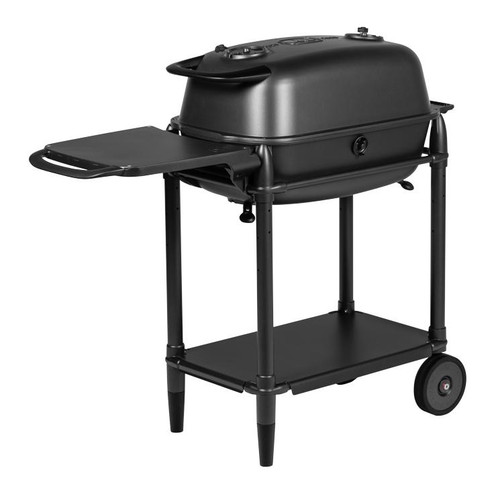 PK Grills PK300 QR Landing Page, Black portable gas grill with side tray and two wheels for easy mobility.