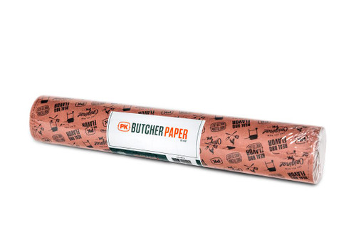 PK Grills PK Butcher Paper, rolled pink butcher paper with grilling and barbecue icons and branding label.