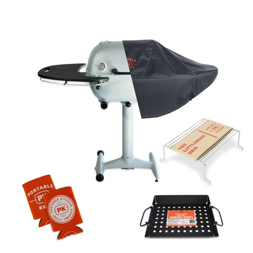 PK Grills PK360 Start Cookin' Bundle - Silver, including a portable charcoal grill with side table, a non-stick cooking grate, a heat shield cover, a charcoal basket, and a grilling accessory pad, all designed for outdoor cooking and grilling.