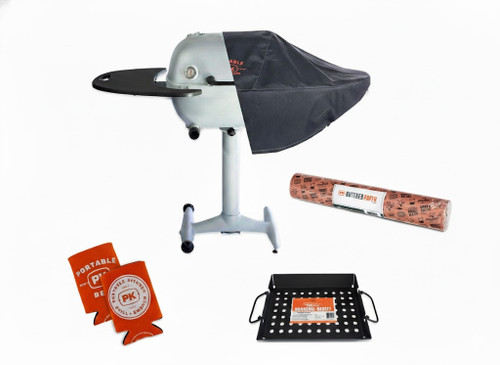 PK Grills PK360 Start Cookin' Bundle - Silver, outdoor grill with cover, grilling accessories, paper, and delivery tray for barbecue preparation.