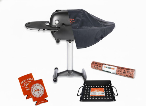 PK Grills PK360 Start Cookin' Bundle - Graphite, barbeque grill with cover, grilling accessories including orange pot holders, aluminum drip pan, and metal prep tray.