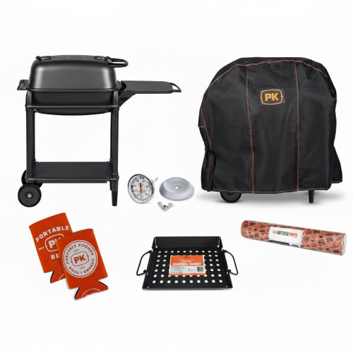 PK Grills PK300 Start Cookin' Bundle - Graphite, compact charcoal grill with accessories including a protective cover, grill tray, gloves, thermometer, and carrying bag for outdoor grilling.