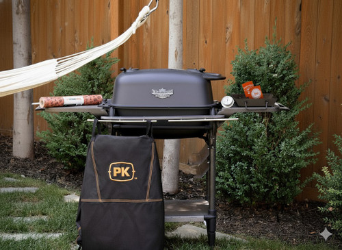 PK Grills PK300AF Start Cookin' Bundle - Coal, outdoor charcoal grill with accessories in backyard setting.