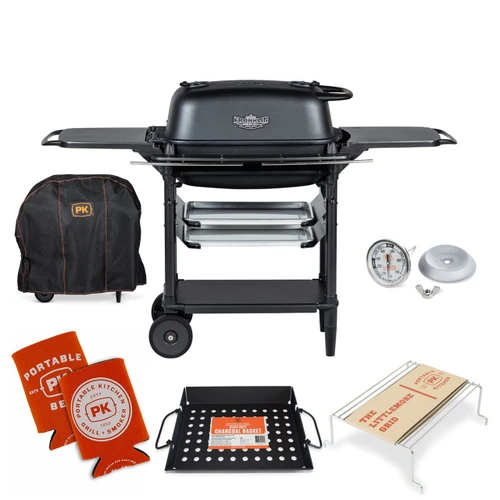 PK Grills PK300AF Start Cookin' Bundle - Coal, a comprehensive outdoor cooking and grilling kit with a black grill, accessories, tools, and storage bag for grilling enthusiasts.