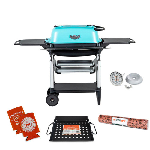 PK Grills PK300AF Start Cookin' Bundle - Teal, portable barbecue grill with accessories including a thermometer, charcoal basket, paper, and grill racks for outdoor cooking.