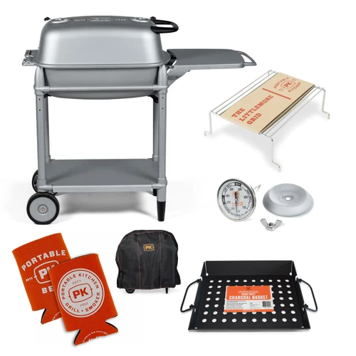 PK Grills PK300 Start Cookin' Bundle - Silver, including a compact silver grill, grilling accessories, and storage bags on a white background.