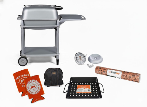 PK Grills PK300 Start Cookin' Bundle - Silver, including a silver portable grill, thermometer, cooking tools, and accessories for outdoor grilling.