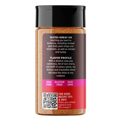 Fire & Smoke Society F&S Cherry Cola 6.7oz spice mix jar with black lid, label featuring flavors and QR code for recipes.