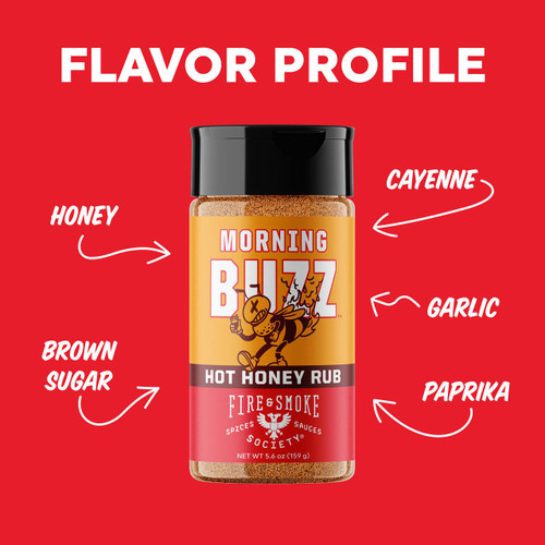 PK Grills F&S Morning Buzz, a spicy hot honey rub spice jar with a yellow and red label indicating flavor profile and ingredients