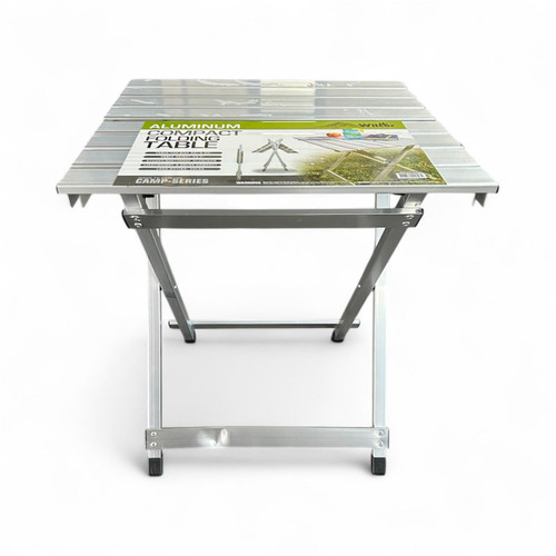 PK Grills Aluminum Compact Foldable Table, Imperfect outdoor camping and picnic table with metal frame and aluminum top, shown against a white background.