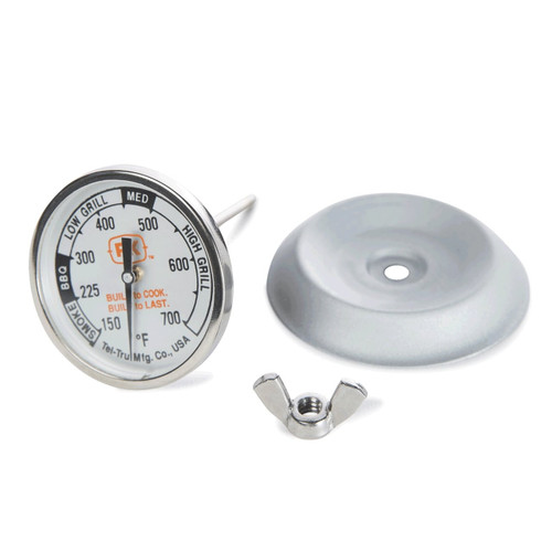 Tel-Tru The PK BBQ Thermometer by Tel-Tru - Silver, constructed with a round dial indicating temperature in Fahrenheit, a mounting bracket, and a wing nut for installation, designed for grilling and BBQ temperature monitoring.