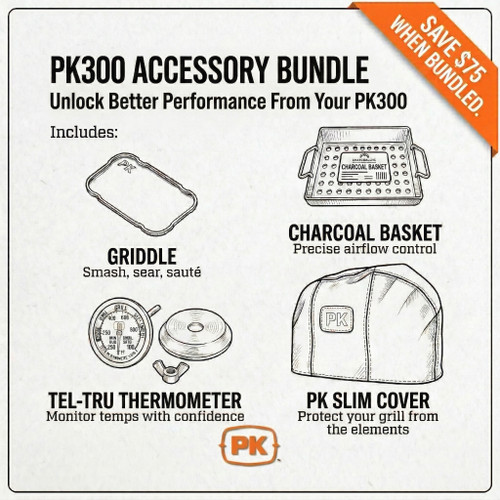 PK Grills PK300 Performance Accessory Bundle, overview of included accessories: griddle, charcoal basket, Tel-Tru thermometer, and grill cover, highlighting versatility and performance.