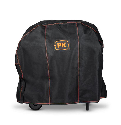 PK Grills PK300 Performance Bundle – Graphite, black protective grill cover with orange stitching and logo.