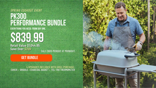PK Grills PK300 Performance Bundle – Graphite, outdoor grilling setup with man cooking on a large grill in a garden setting.
