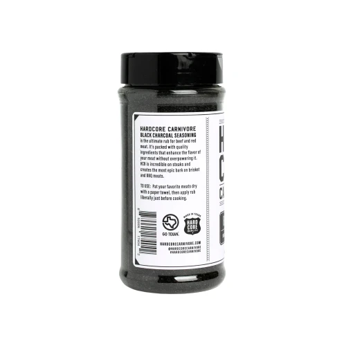 Hardcore Carnivore - Black Seasoning, black seasoning in a black bottle with detailed label.