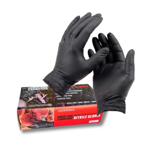 Hardcore Carnivore - Disposable Nitrile Gloves, black nitrile gloves shown on top of their packaging box.