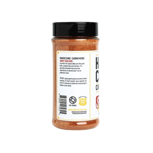 Hardcore Carnivore: Sweet BBQ Seasoning, a spice jar with a brownish-red seasoning blend for grilling and BBQ料理.