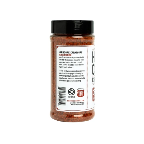 Hardcore Carnivore - Red Seasoning, jar of spicy red seasoning rub with detailed product information on label.