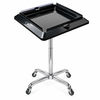 Empty Tray – Angled View: Pulsar Hair Extension Trolley featuring a spacious black work tray with integrated hair extension holders and chrome mobile stand.
