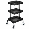 Black three-tier perforated salon trolley with spacious storage trays and swivel castor wheels.