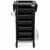 Front View: Front view of black Breeze Plus Salon Trolley with six removable storage drawers and side accessory holders.