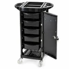 Open View: Gemini 5 Drawer Hairdressing Beauty Trolley with lockable cabinet door open, showing five removable storage drawers, top tool holders and clear swivel castor wheels.