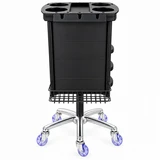 Side View: Side view of the Colorist 4 Drawer Hairdressing Beauty Trolley showing four pull-out drawers, side storage baskets, tool holders and mobile castor base.