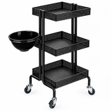 Black three-tier perforated salon trolley with side-mounted black bowl and swivel castor wheels.
