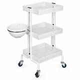 White three-tier perforated salon trolley with spacious storage trays with white bowl and swivel castor wheels.