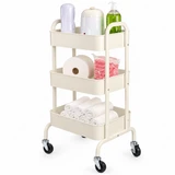 Cupid white three-tier beauty salon trolley organised with beauty supplies, towels and salon essentials on swivel castor wheels.