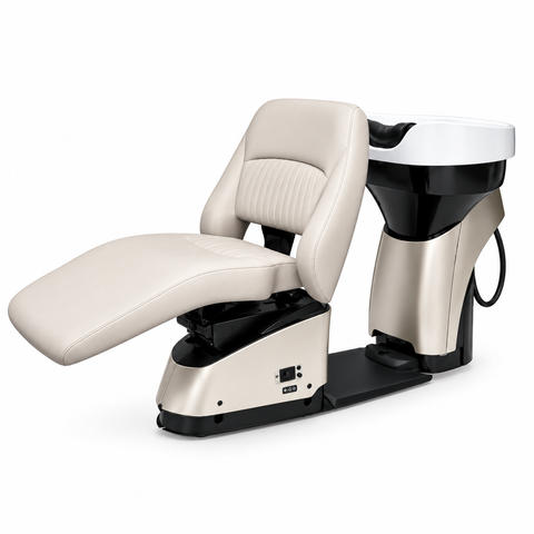 Yume Espoir motorised shampoo and treatment unit in cream upholstery with white ceramic basin and full reclining legrest.