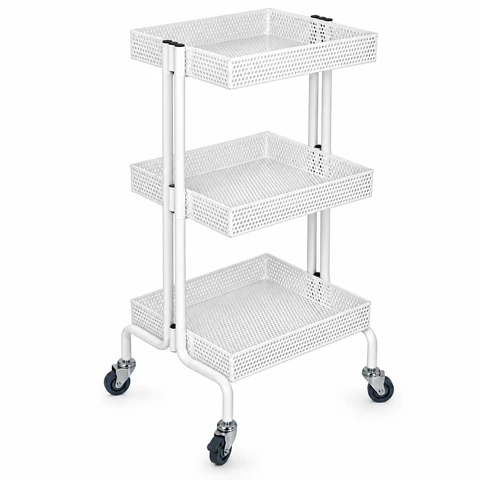 White three-tier perforated salon trolley with spacious storage trays and swivel castor wheels.