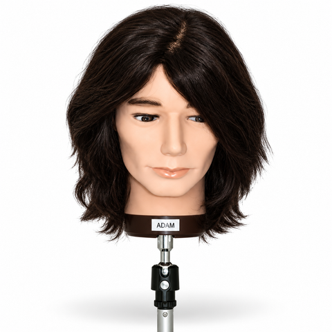 Joiken Adam Mannequin Head with 100% brown human hair, 30–40cm uniform layered cut, designed for professional hairdressing education and salon training.