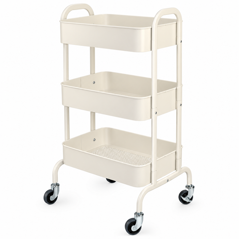 Cupid white three-tier beauty salon trolley with spacious storage trays, rounded handles and swivel castor wheels.