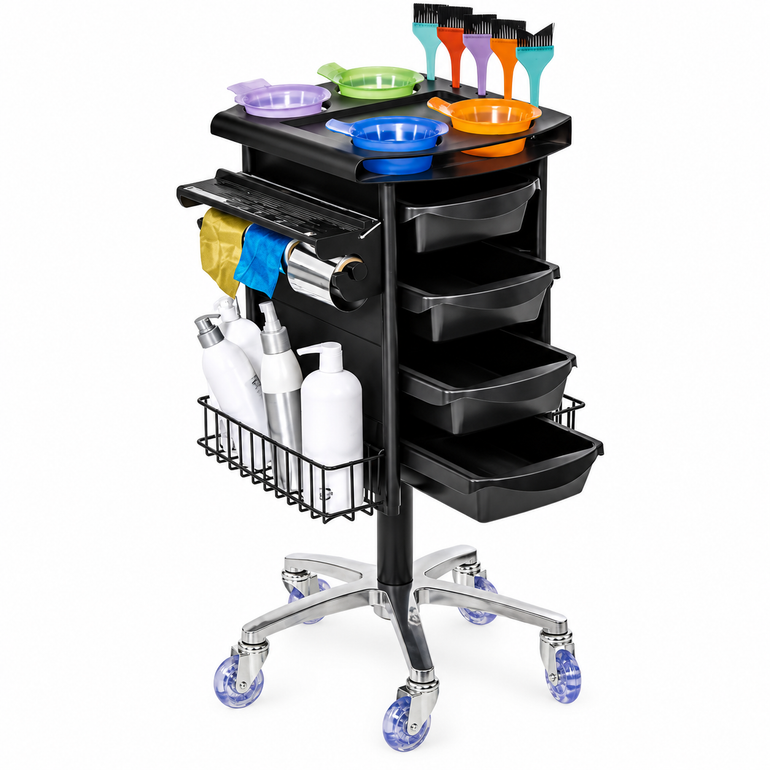 Front View: Front view of the Colorist 4 Drawer Hairdressing Beauty Trolley featuring four removable drawers, with essential hair products dual side wire baskets, top tool storage and five-star chrome base.